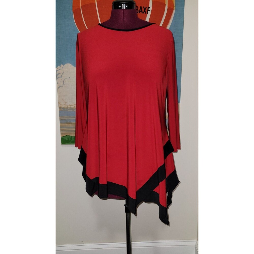 Pretty Woman Tunic Blouse Top Asymmetic Red w/ Black Trim 3/4 Sleeve Women's M